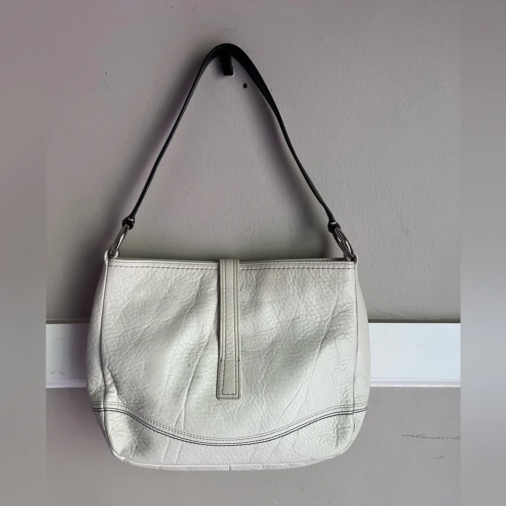 Coach White Leather Shoulder Bag with Black Strap and Silver Hardware
